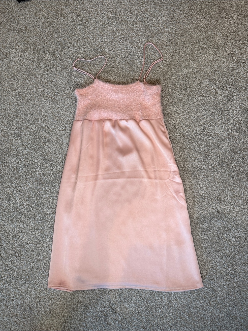 Pink Satin & Faux-Fur Cami Slip Dress